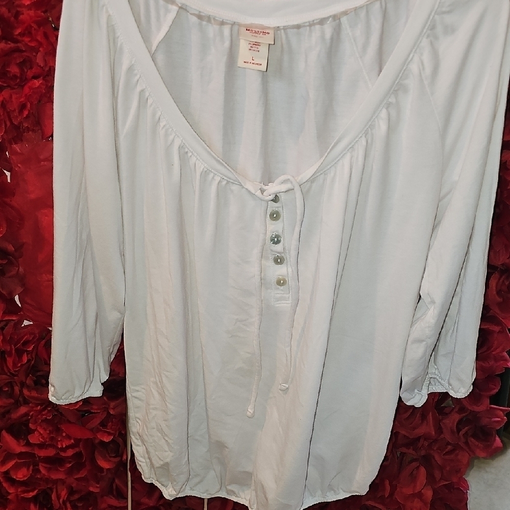 Mossimo Women's White Buttoned Relaxed Blouse With Elastic Waistband/Sleeve LG